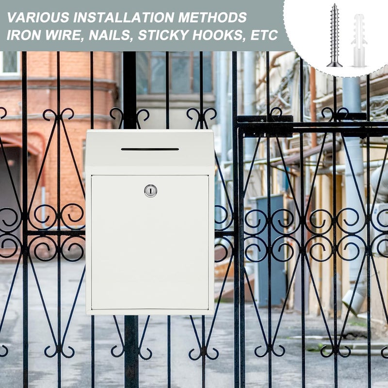 Yaocom Metal Money Donation Cash Box Collection Safe Suggestion Box with Lock Wall Mounted Mailbox Delivery Ballot Container for Home Office Outdoor Farmstand(White,11.81 x 8.58 x 4.72 Inch) - Image 5